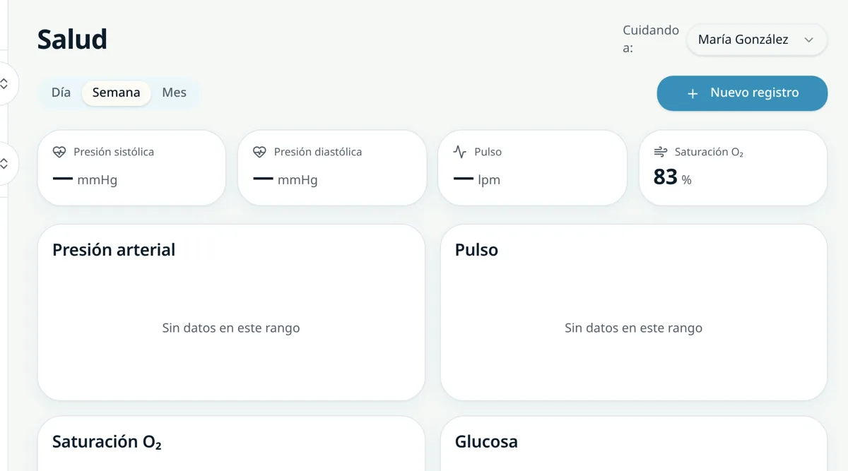 Pantalla de salud de TeCuido con signos vitales registrados